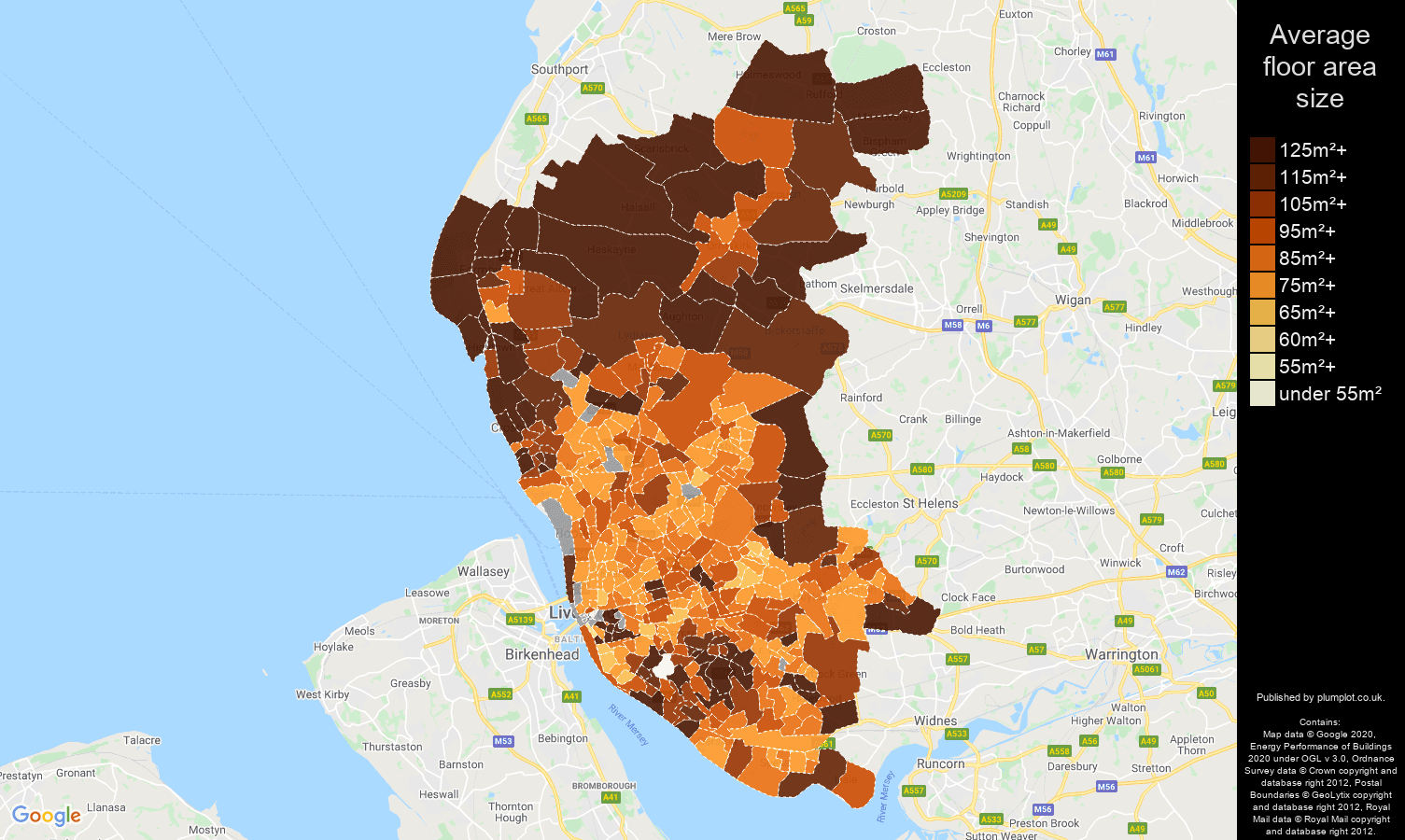 Liverpool map of average floor area size of houses
