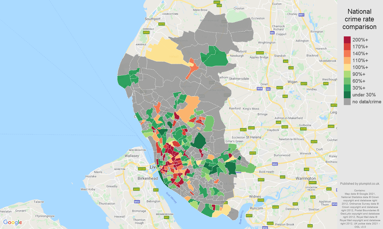 Liverpool theft from the person crime rate comparison map