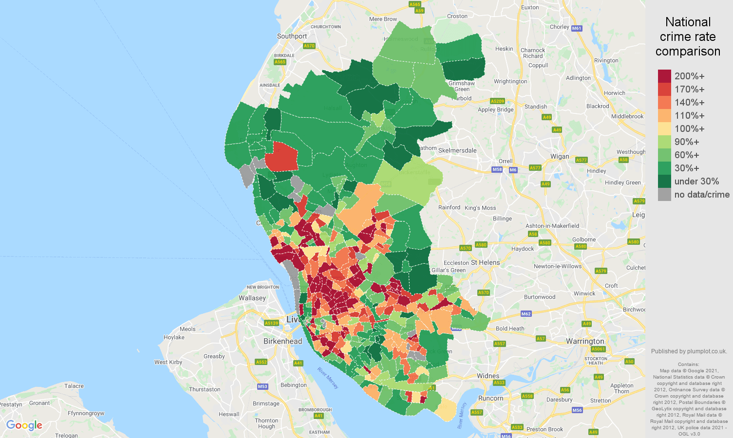 Liverpool violent crime rate comparison map