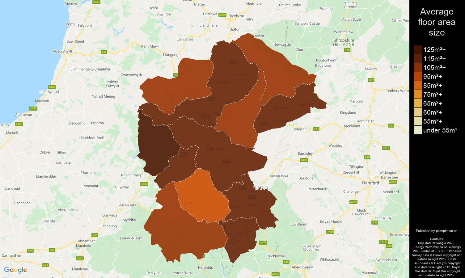 Llandrindod Wells map of average floor area size of houses