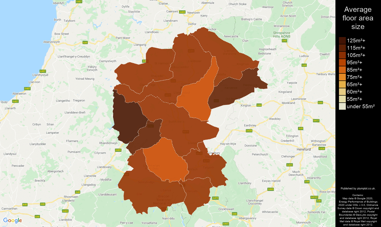 Llandrindod Wells map of average floor area size of properties