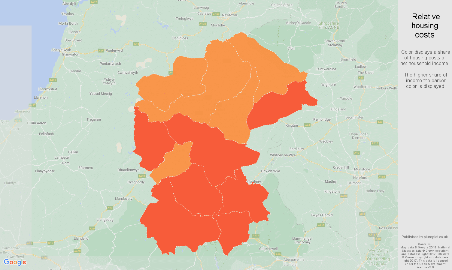 Llandrindod Wells relative housing costs map