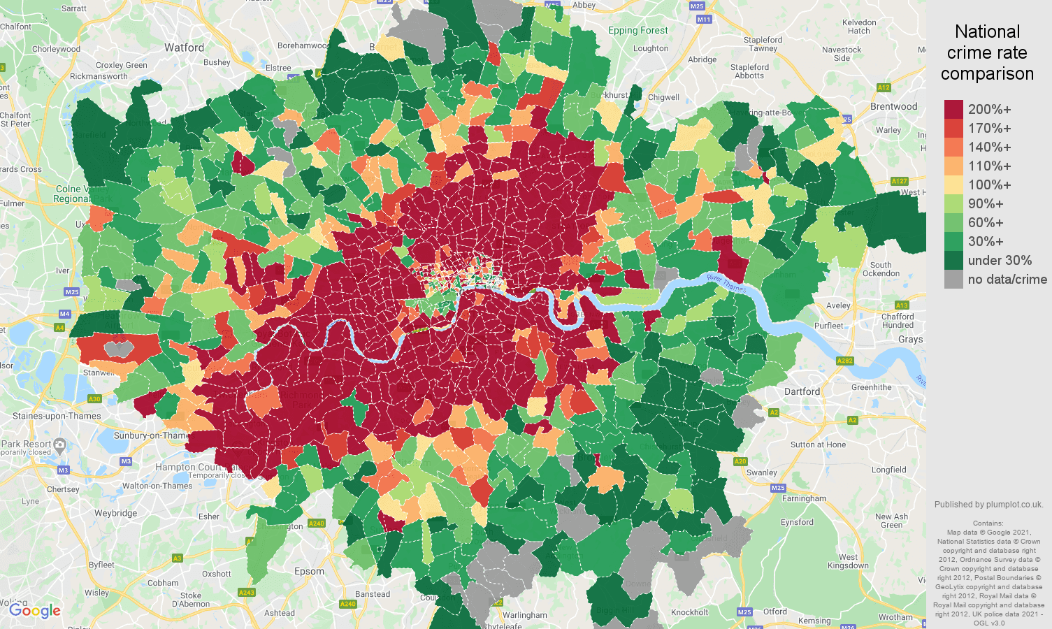 London bicycle theft crime rate comparison map