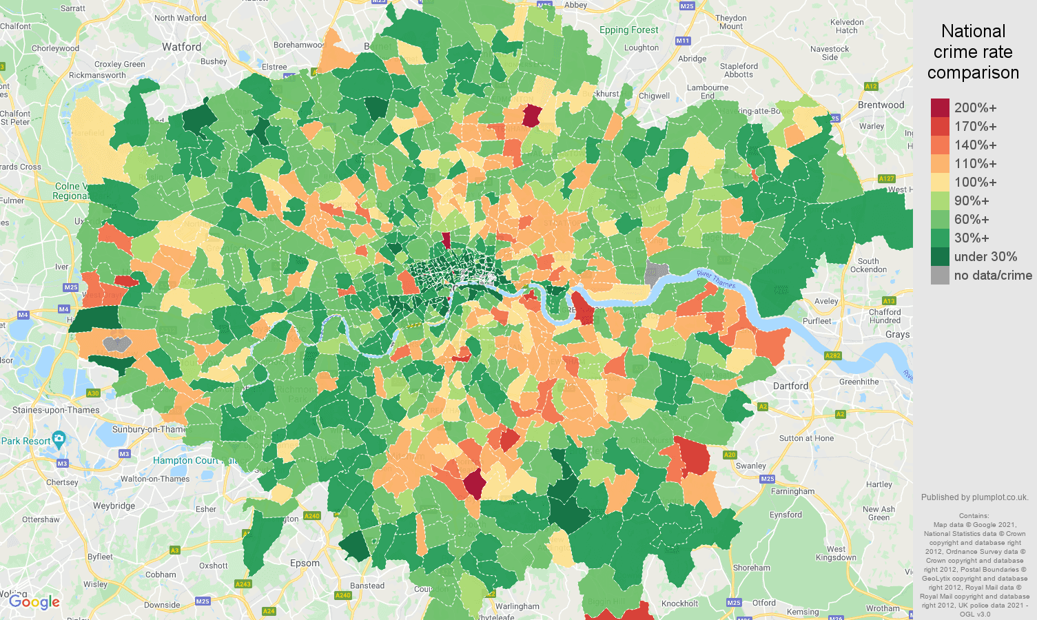 London criminal damage and arson crime rate comparison map