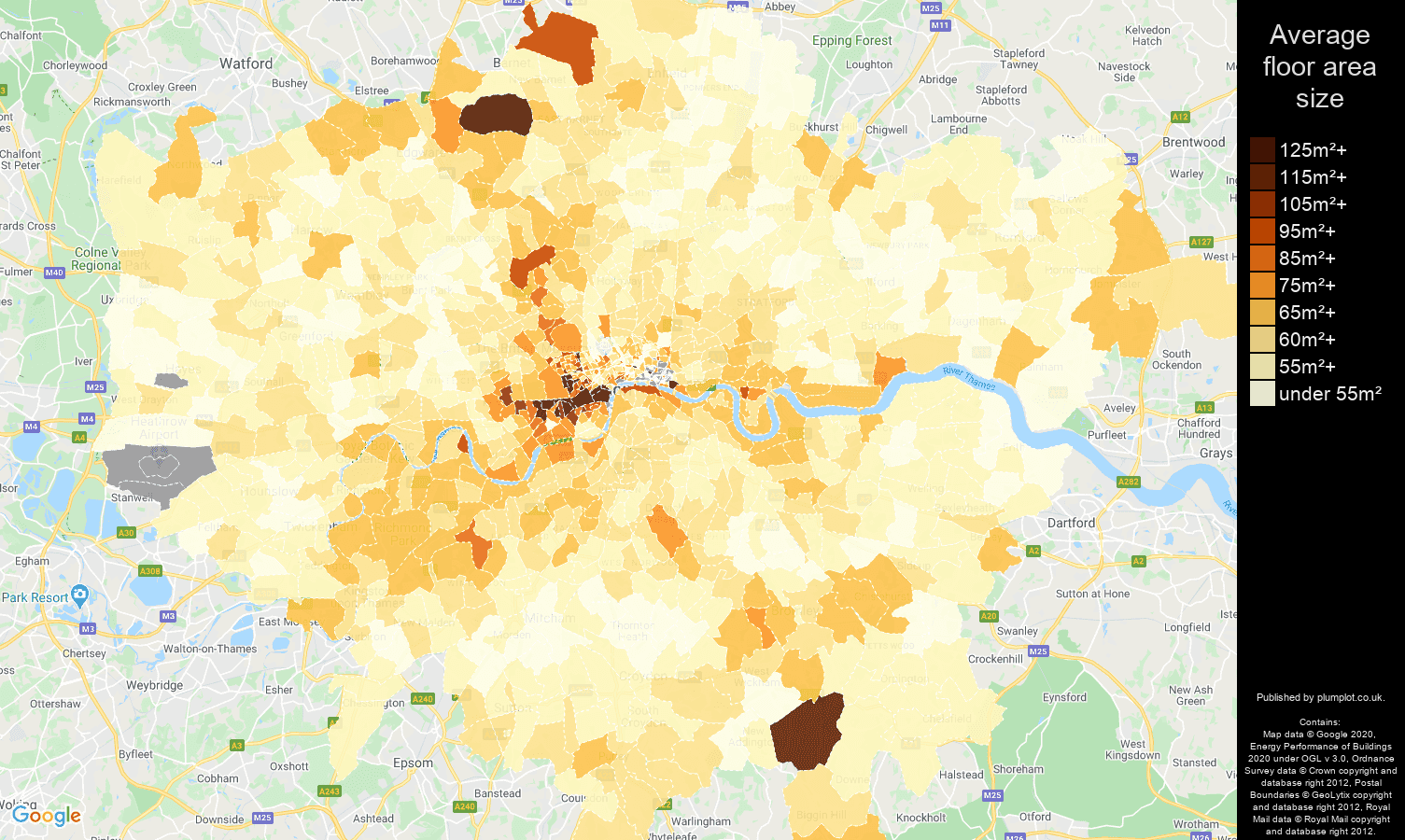 London map of average floor area size of flats