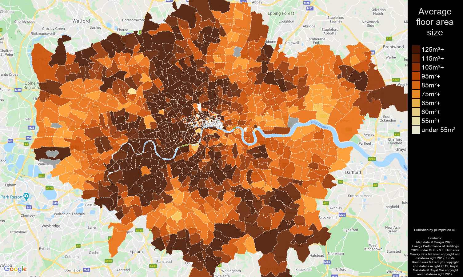 London map of average floor area size of houses