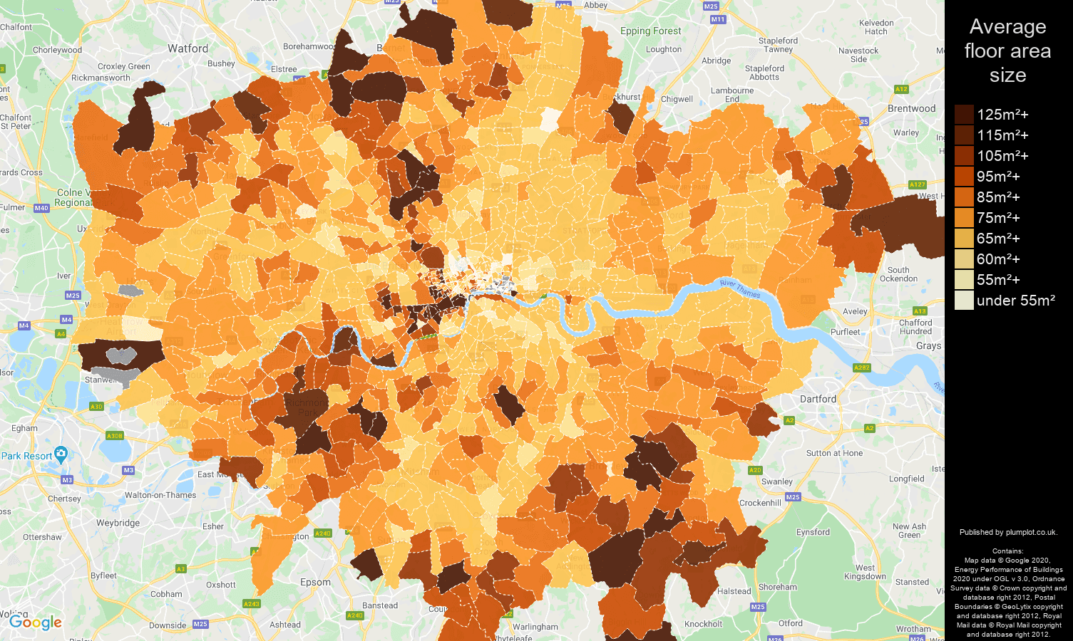 London map of average floor area size of properties