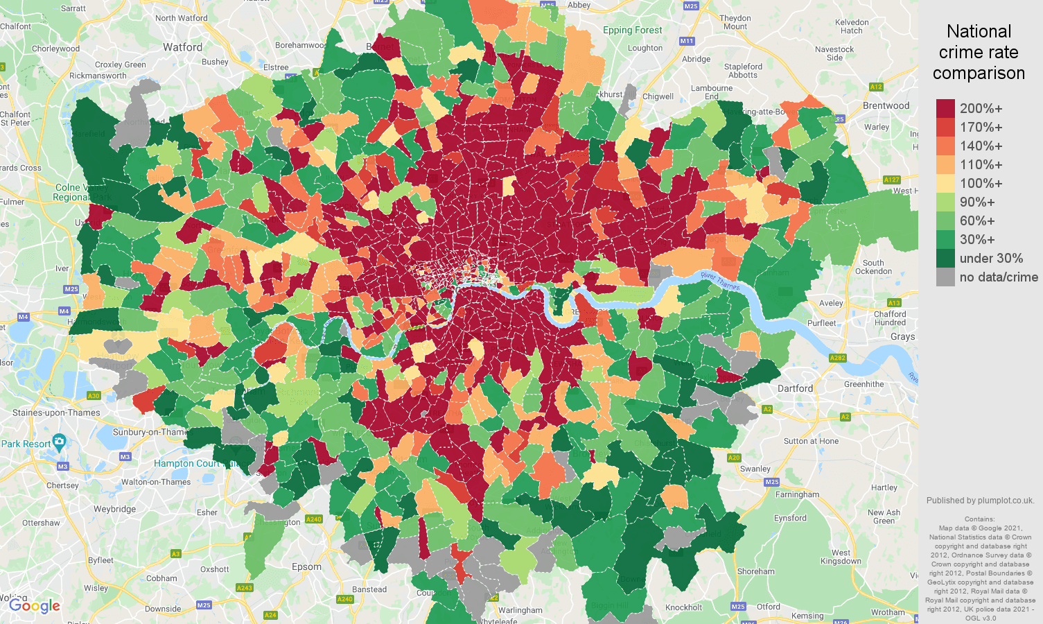 London theft from the person crime rate comparison map