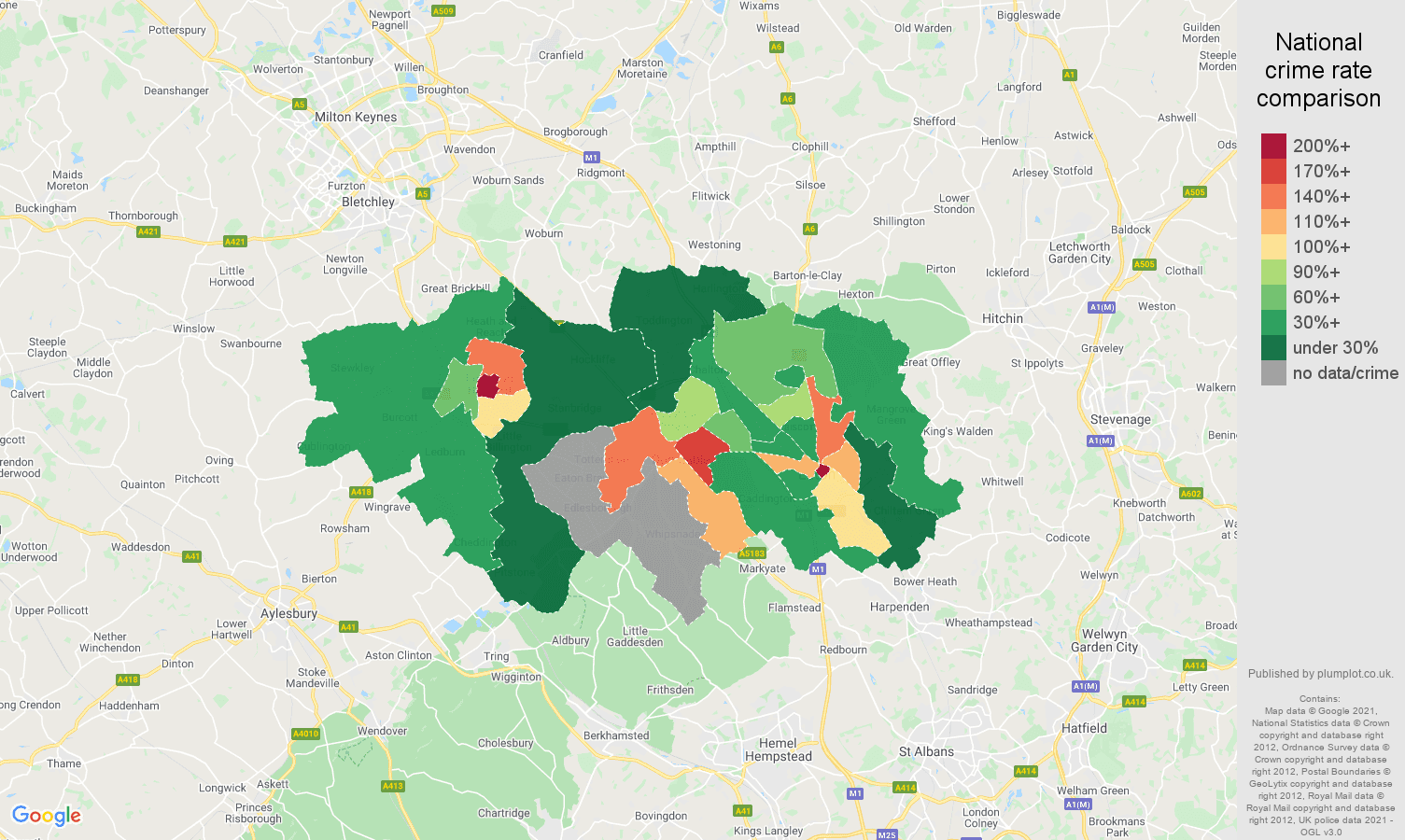 Luton bicycle theft crime rate comparison map