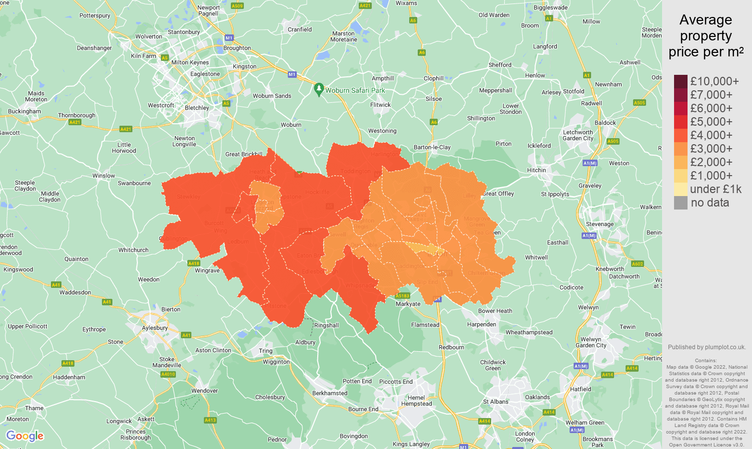 Luton house prices per square metre map