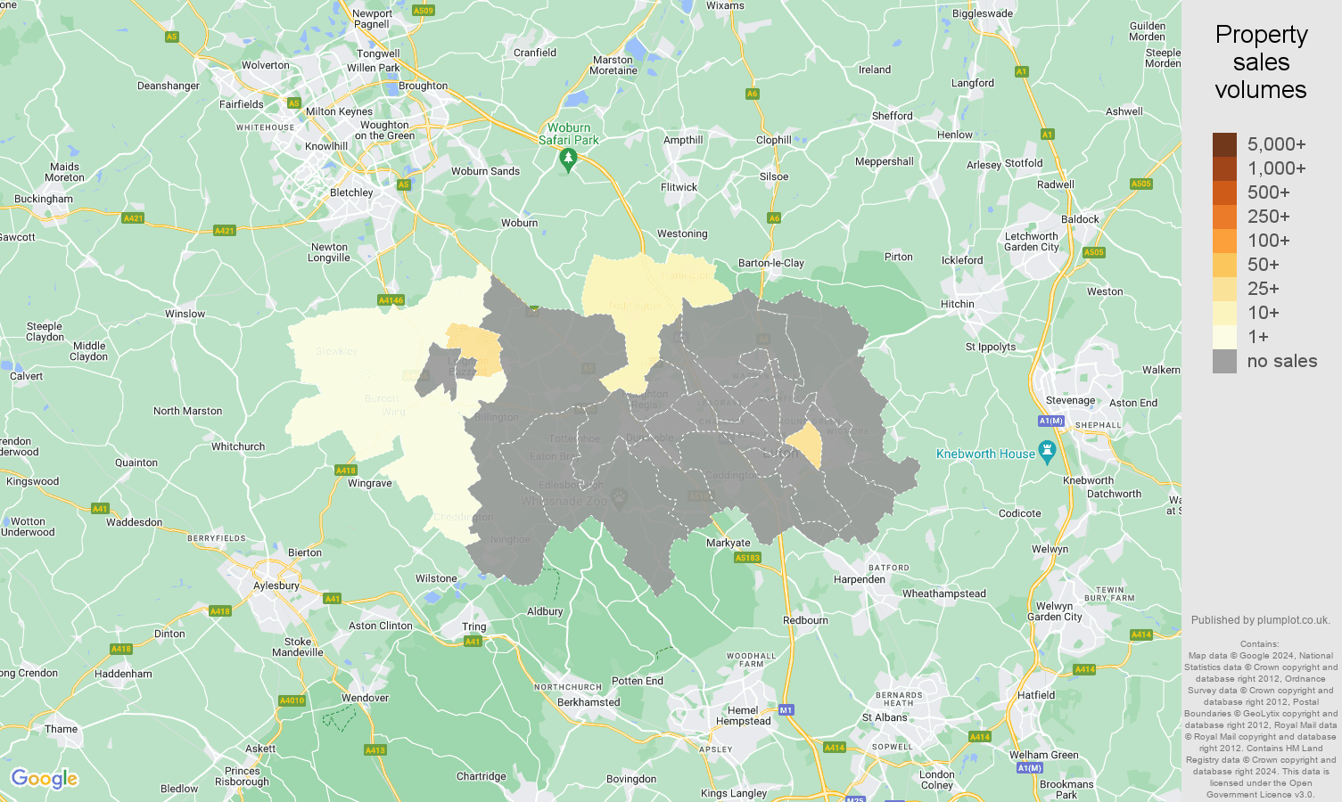 Luton map of sales of new properties