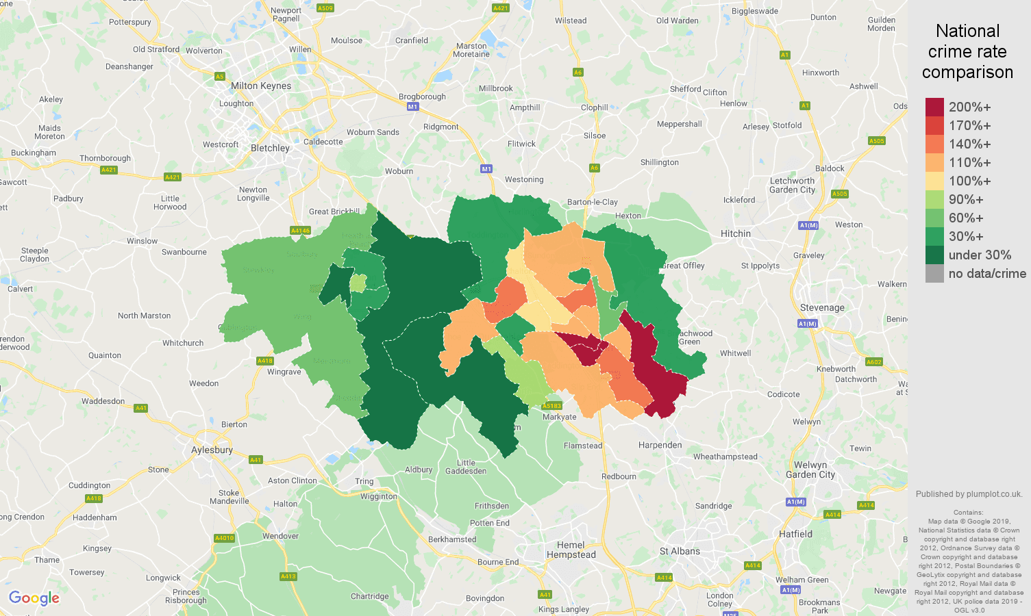 Luton possession of weapons crime rate comparison map