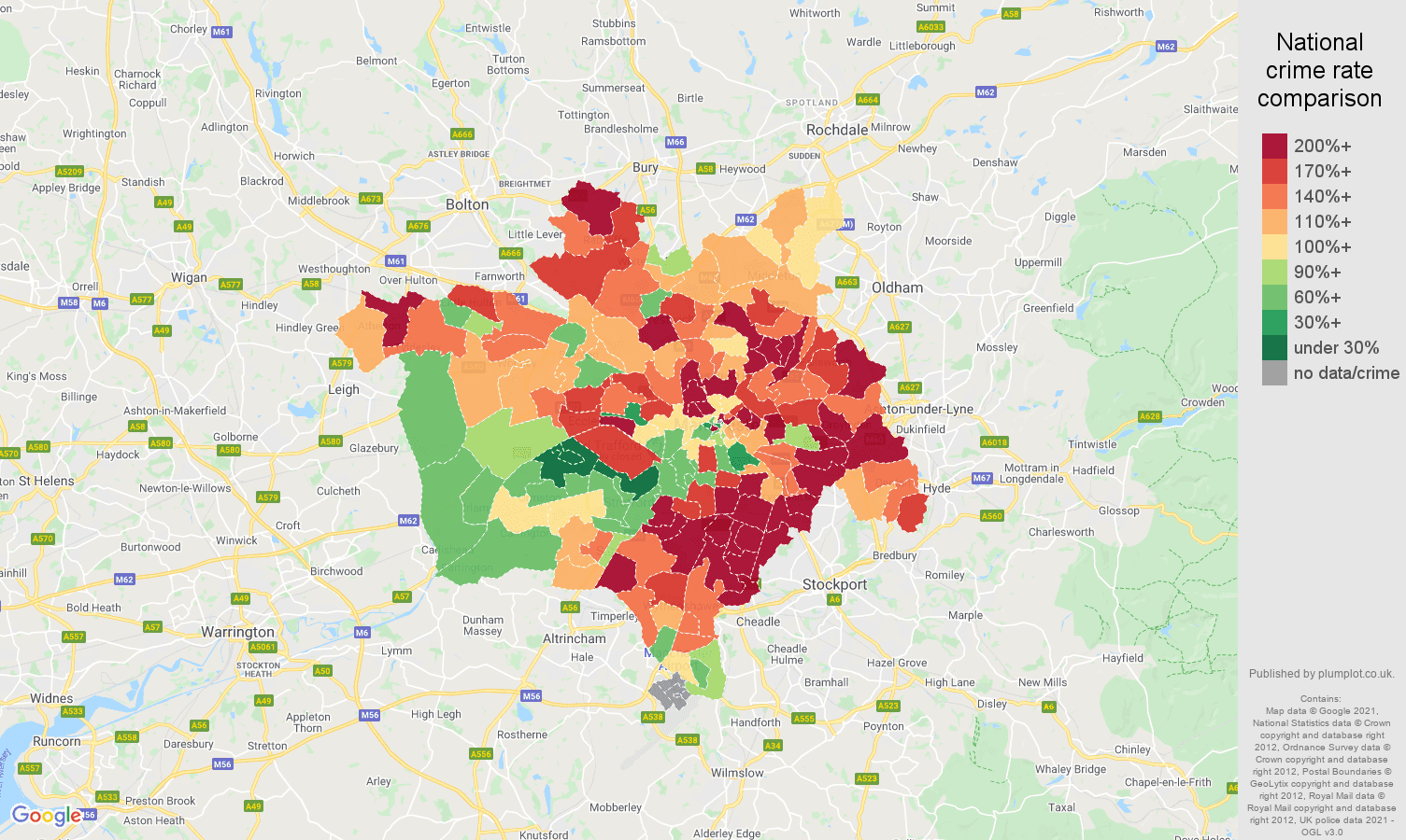 Manchester burglary crime rate comparison map