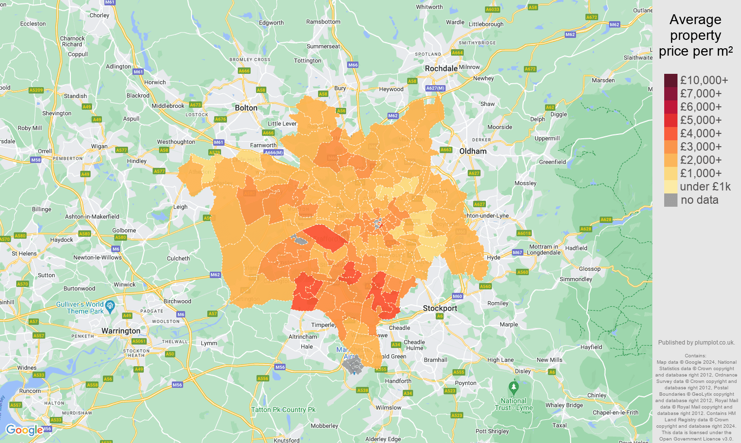 Manchester house prices per square metre in maps and graphs.