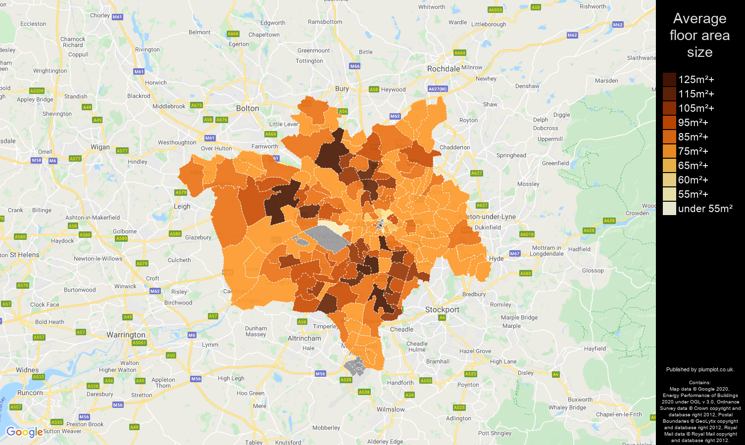 Manchester map of average floor area size of houses