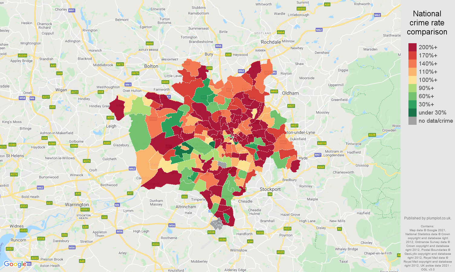 Manchester possession of weapons crime rate comparison map