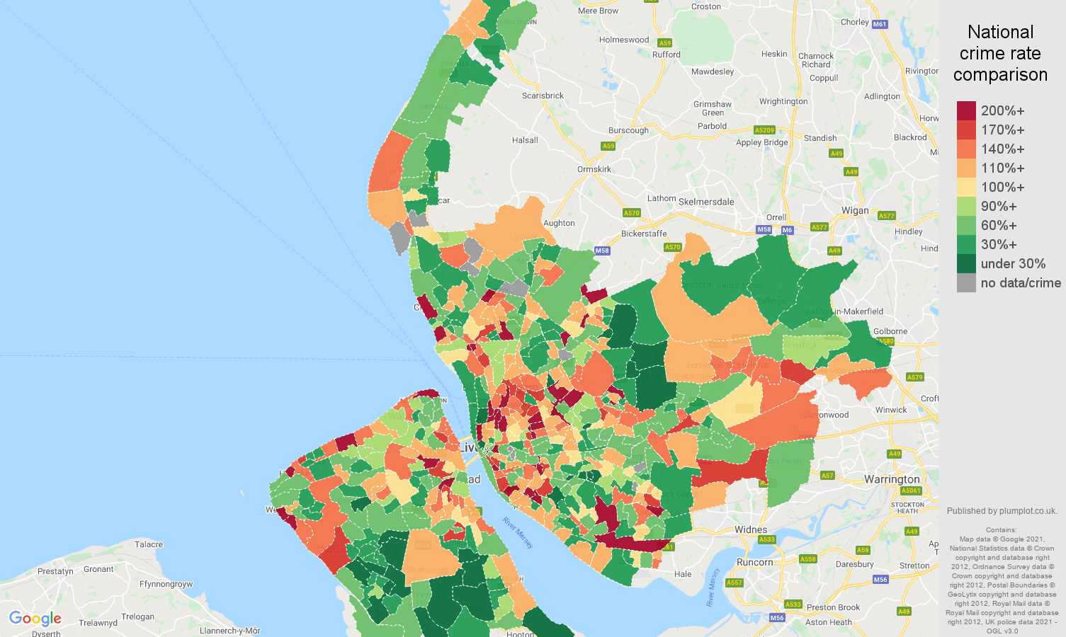 Merseyside antisocial behaviour crime rate comparison map