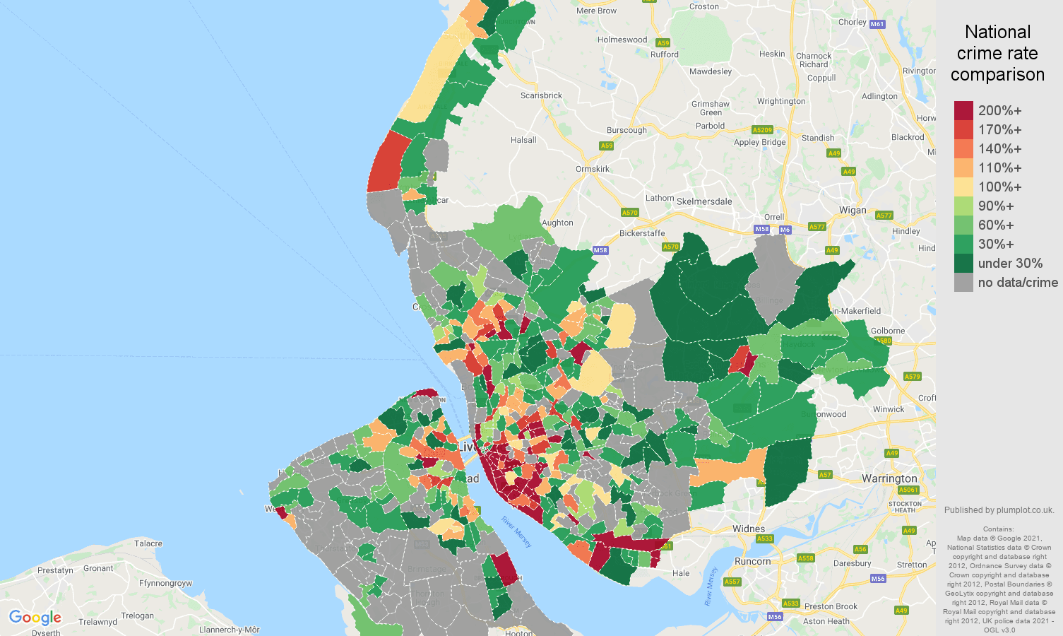 Merseyside bicycle theft crime rate comparison map