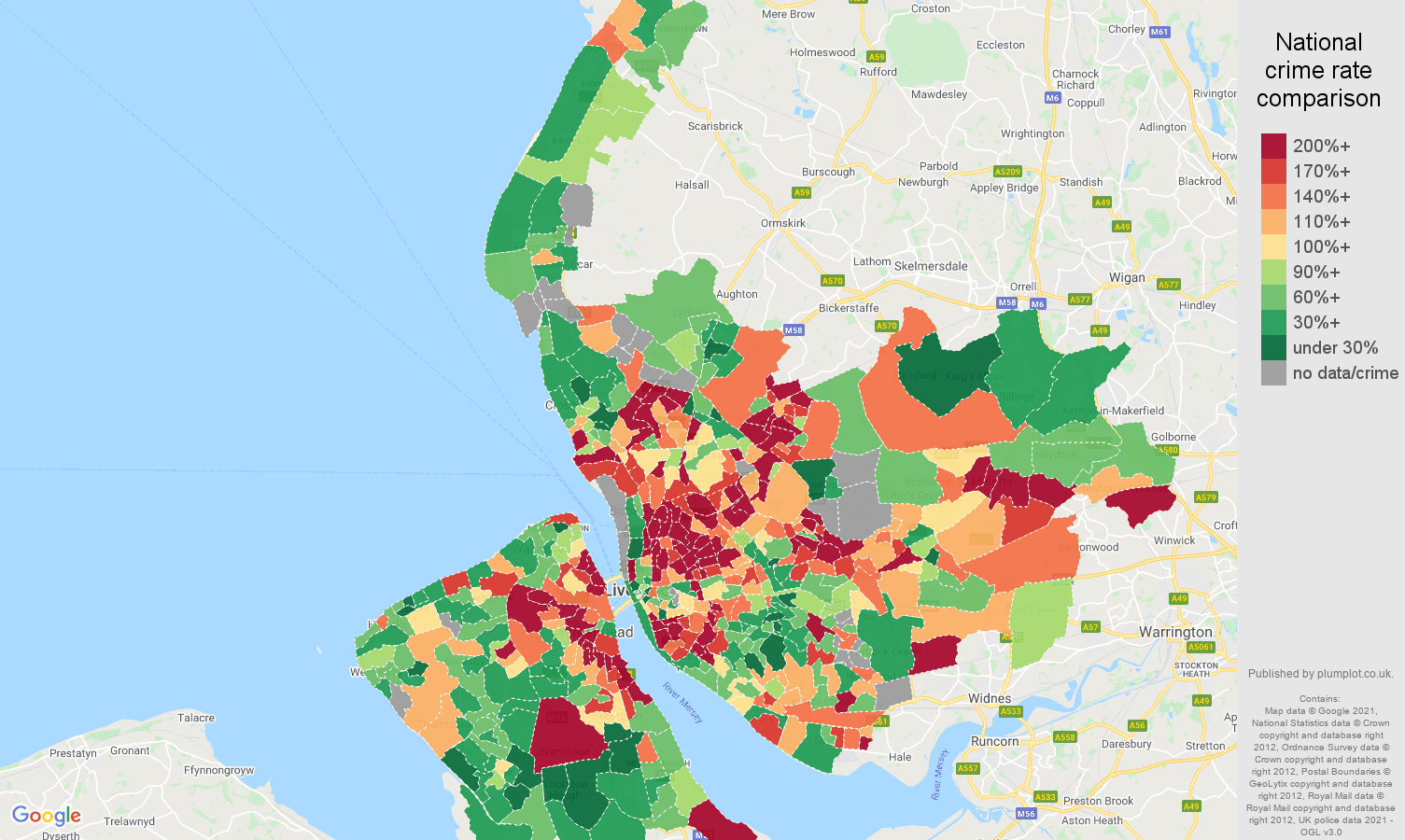 Merseyside criminal damage and arson crime rate comparison map