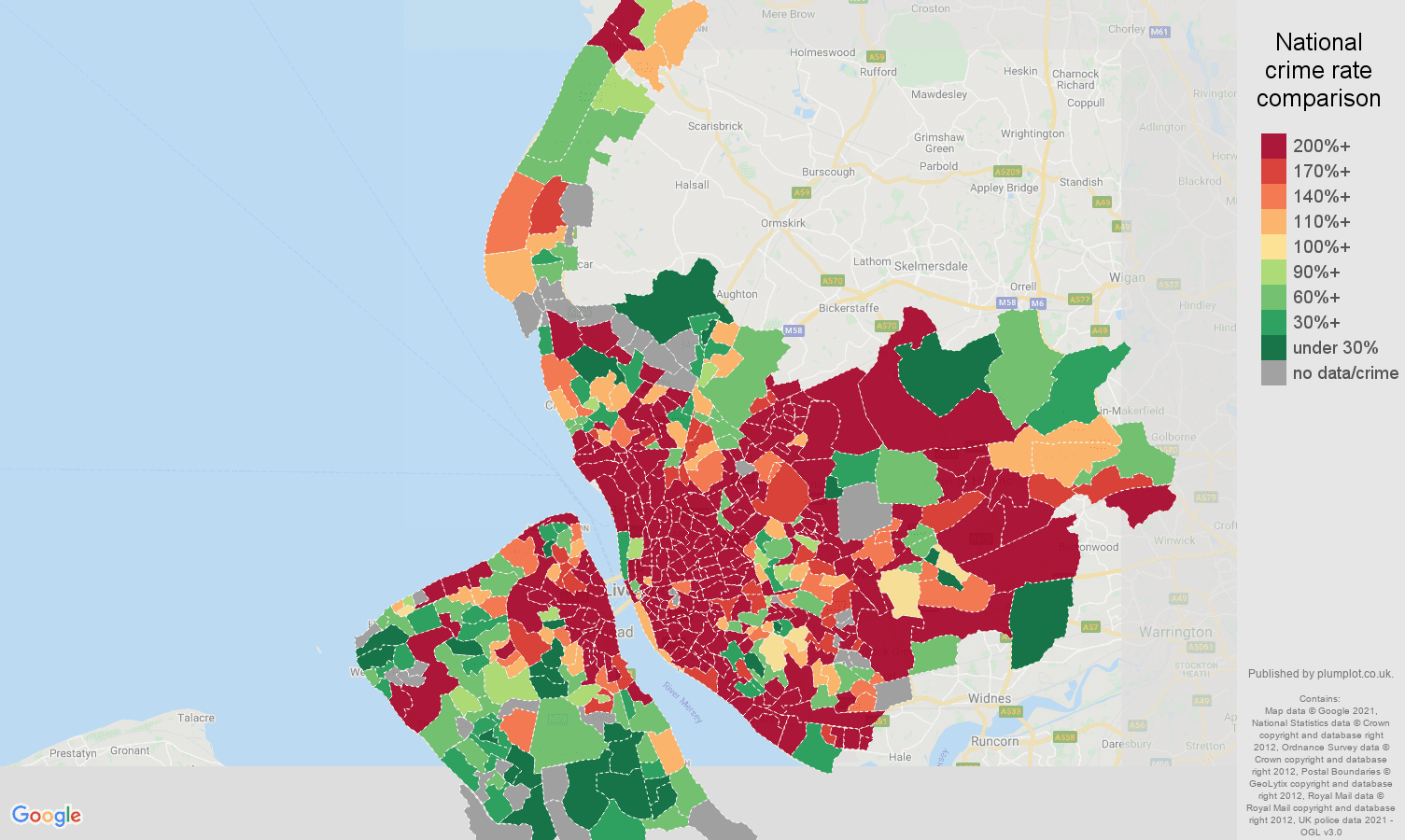 Merseyside drugs crime rate comparison map