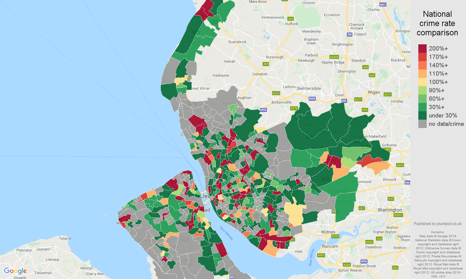 Merseyside shoplifting crime rate comparison map