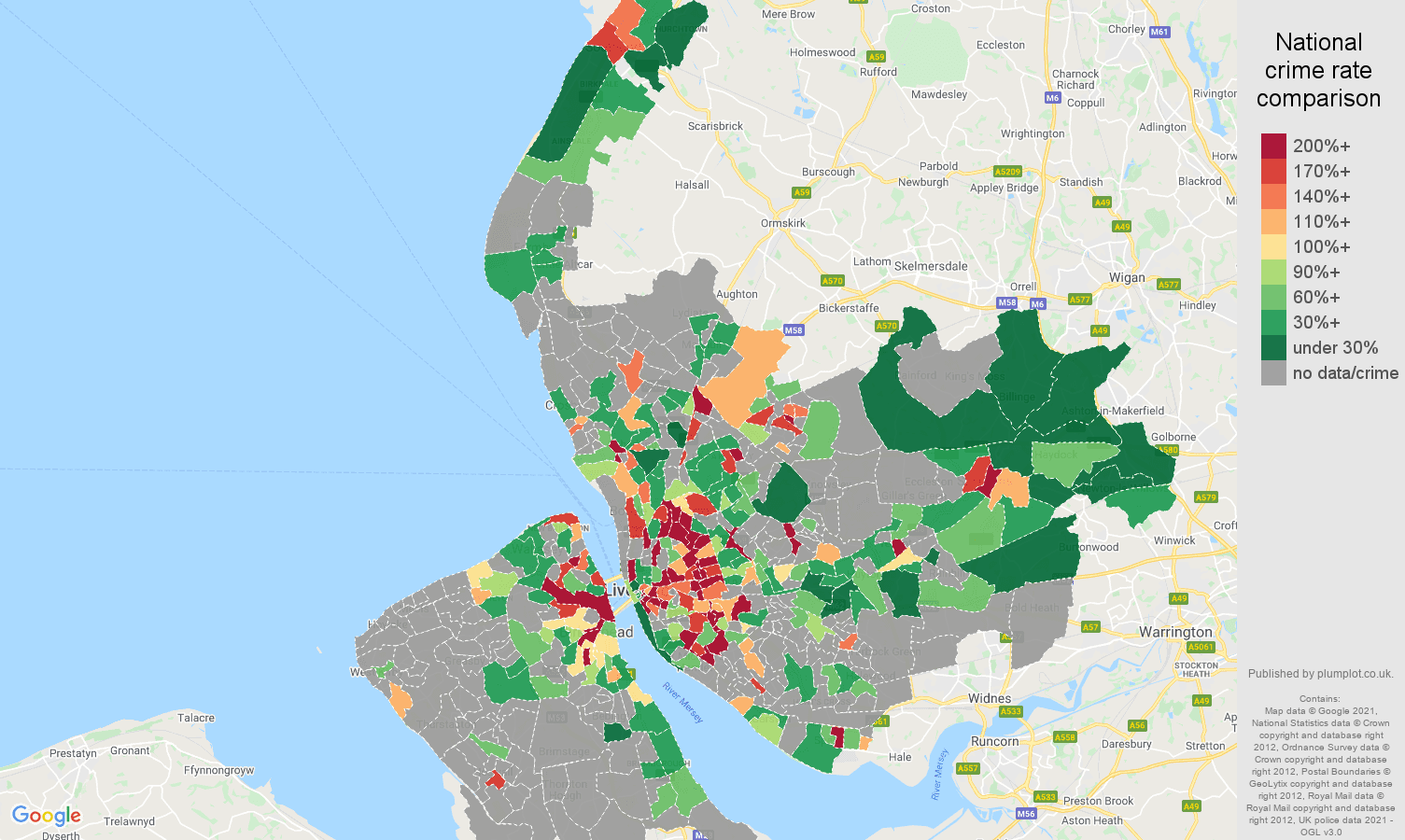 Merseyside theft from the person crime rate comparison map