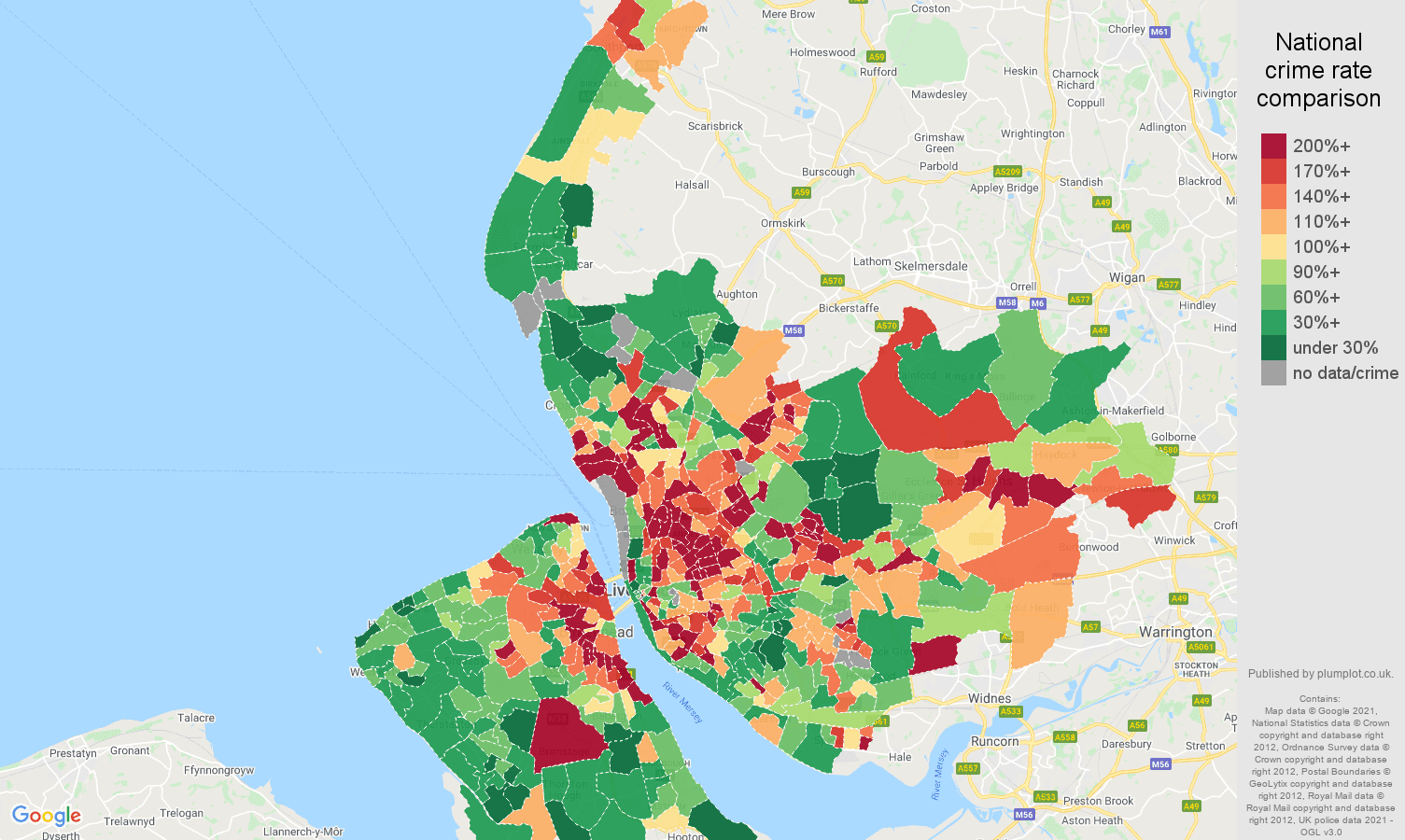 Merseyside violent crime rate comparison map