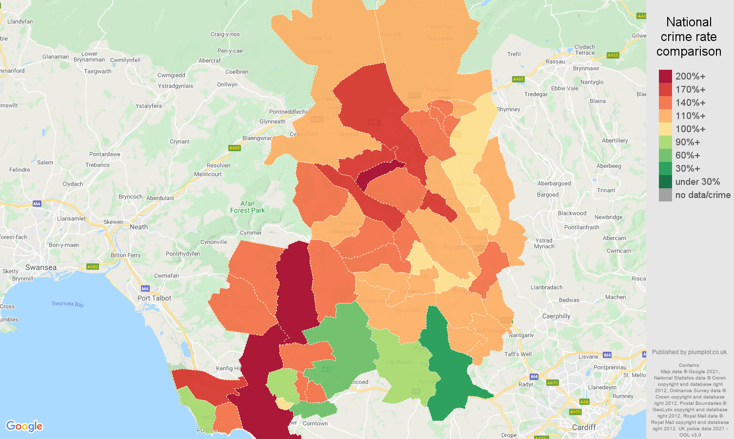 Mid Glamorgan antisocial behaviour crime rate comparison map