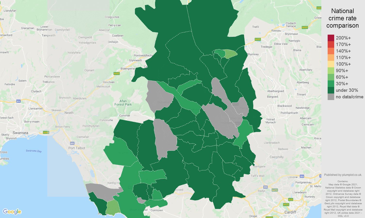 Mid Glamorgan bicycle theft crime rate comparison map