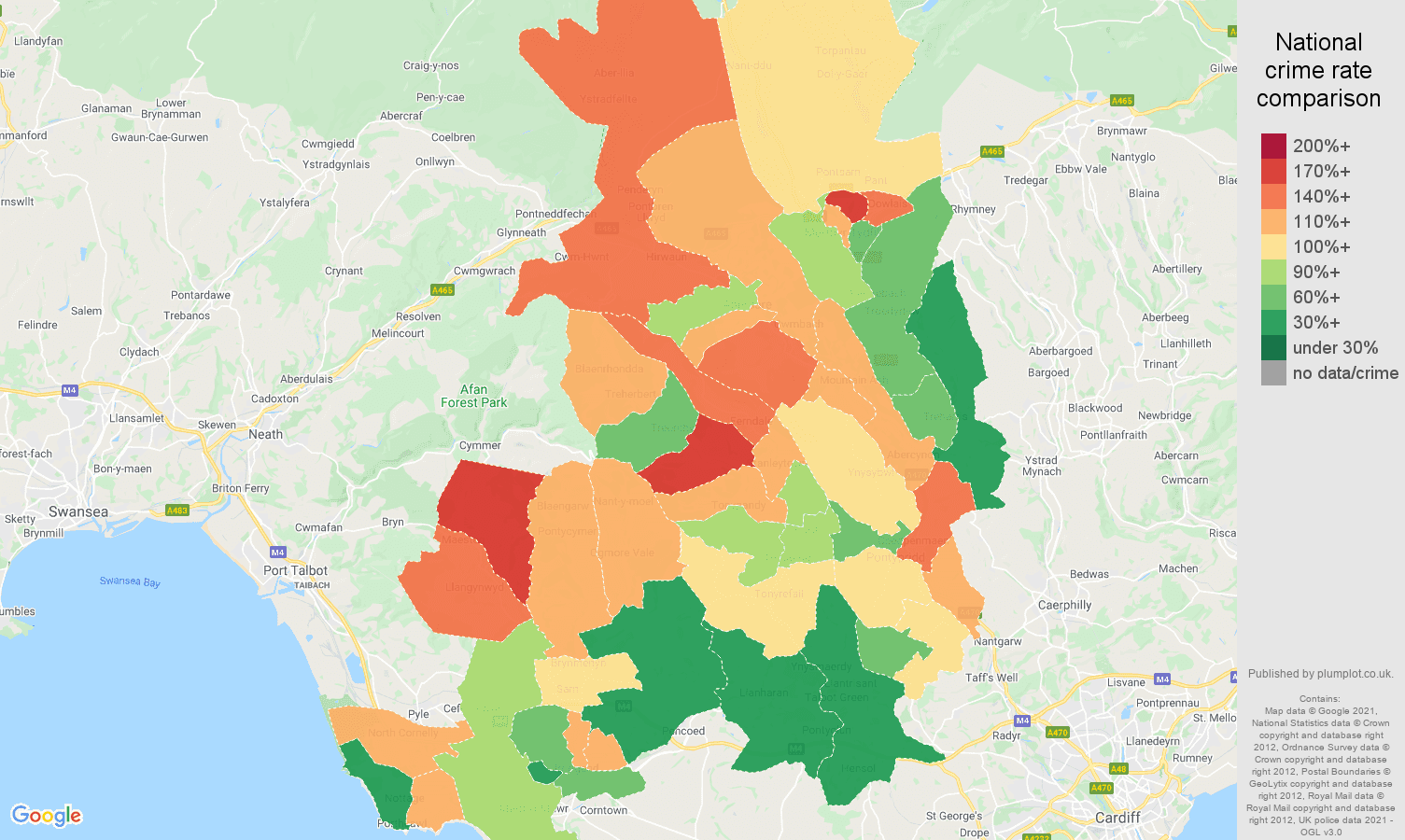 Mid Glamorgan criminal damage and arson crime rate comparison map