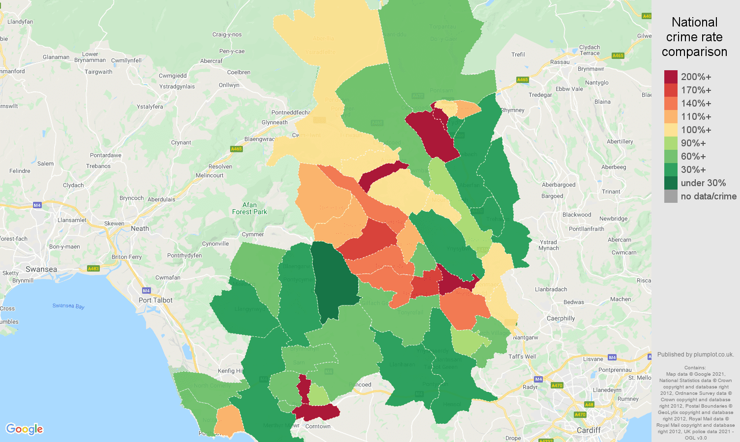 Mid Glamorgan drugs crime rate comparison map