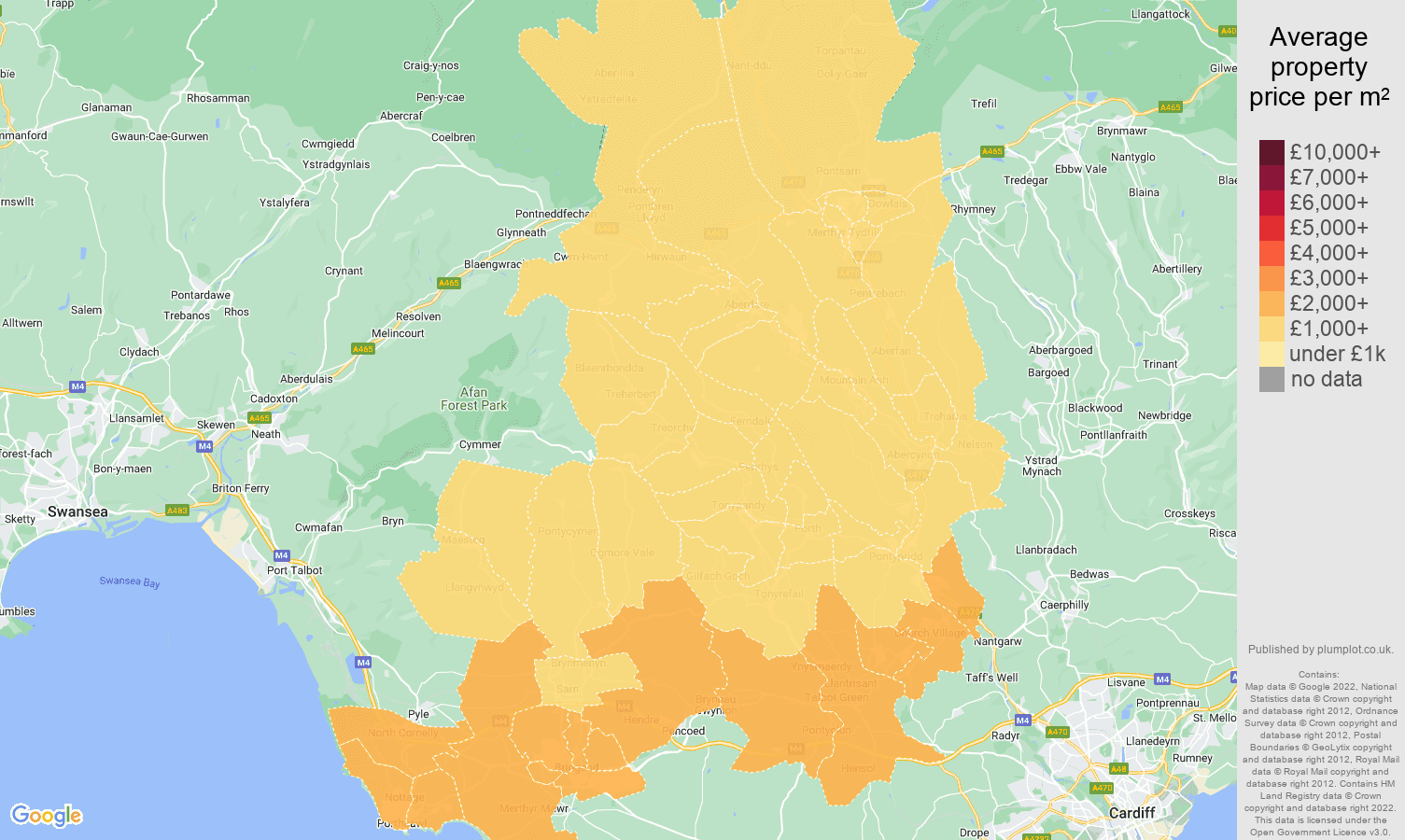 Mid Glamorgan house prices per square metre map