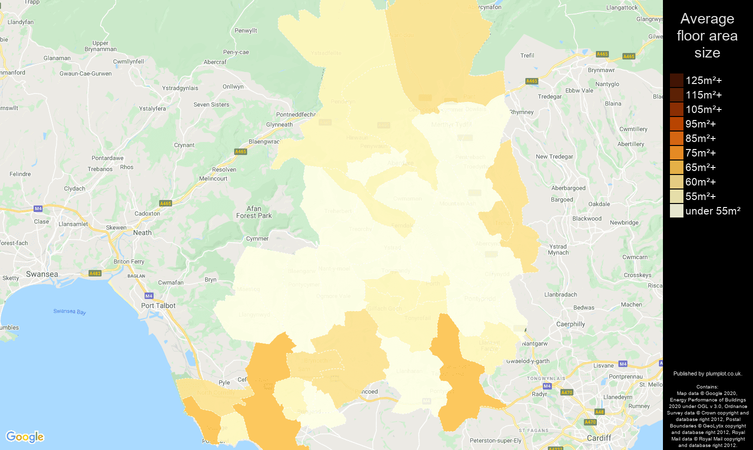 Mid Glamorgan map of average floor area size of flats