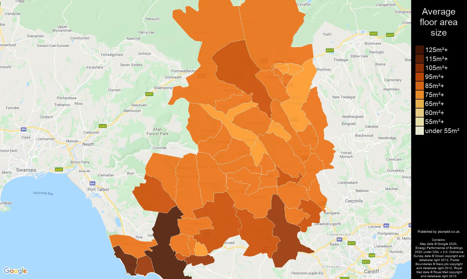 Mid Glamorgan map of average floor area size of houses