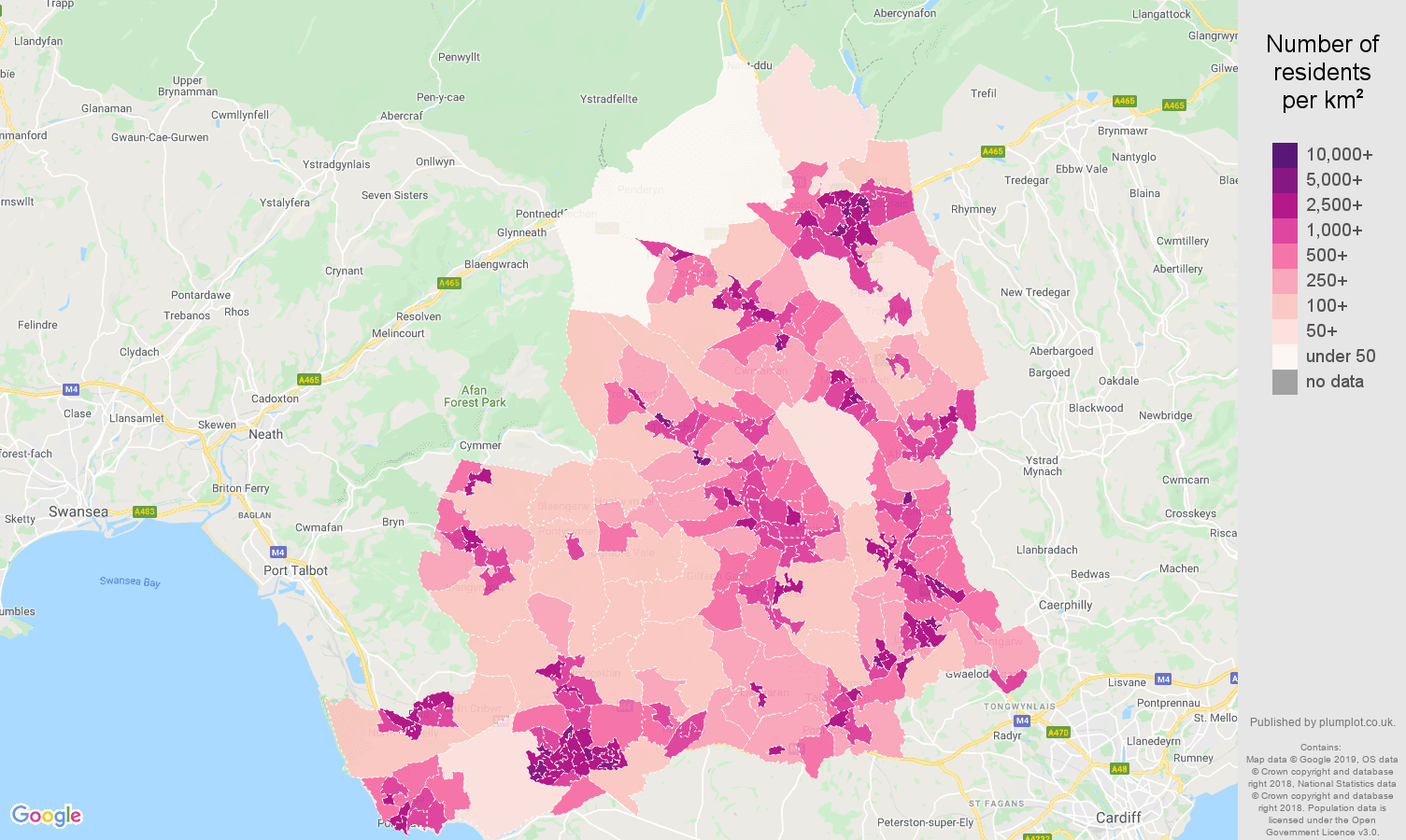 Mid Glamorgan population density map