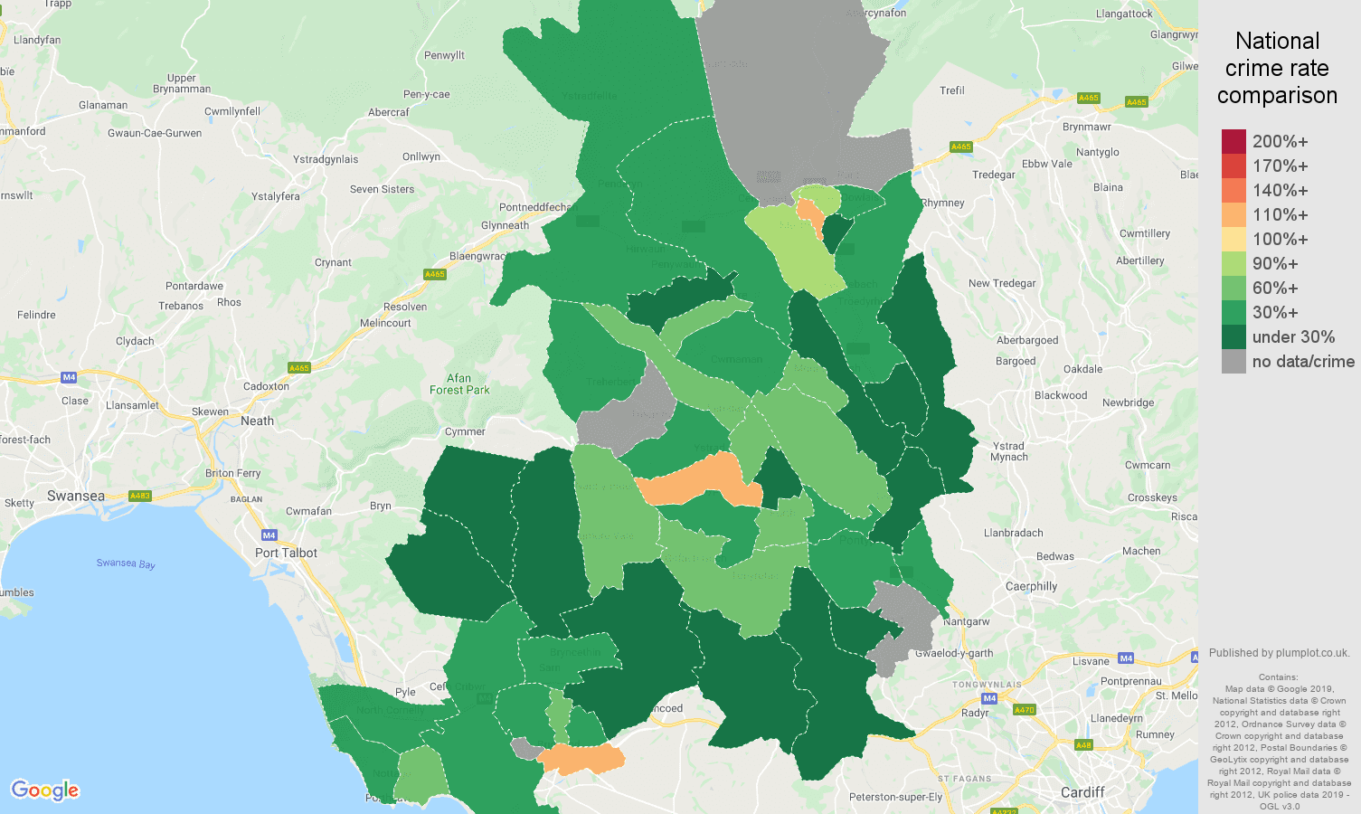 Mid Glamorgan possession of weapons crime rate comparison map