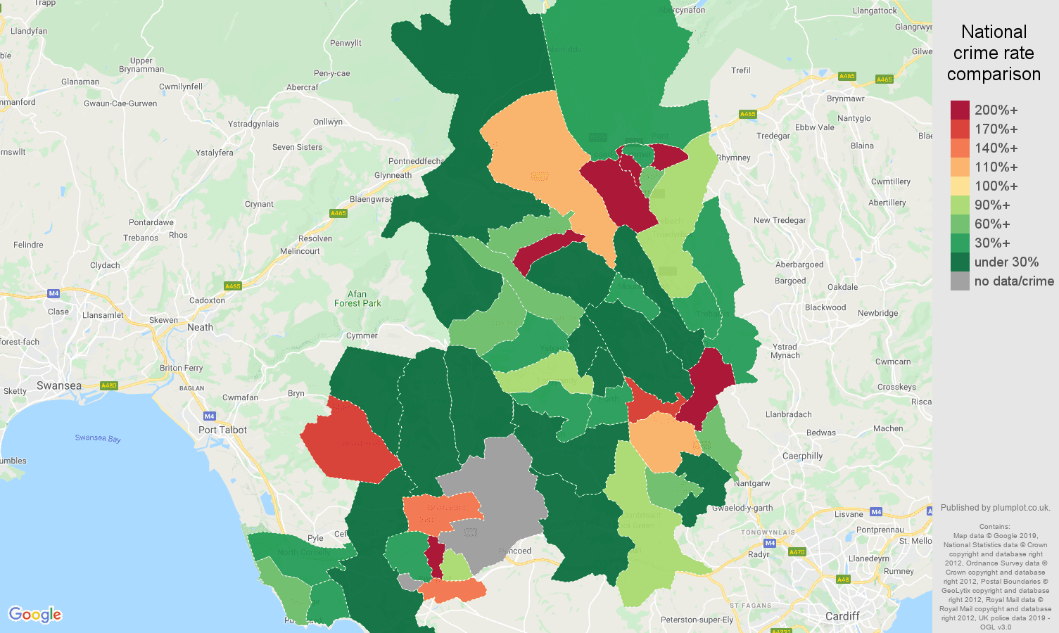 Mid Glamorgan shoplifting crime rate comparison map