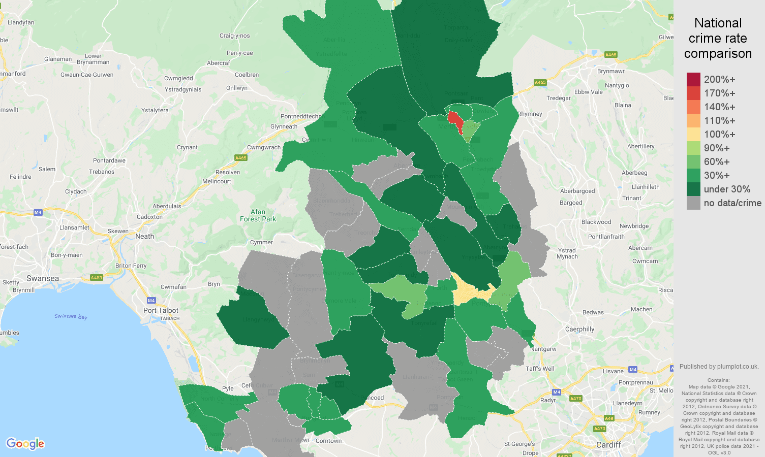 Mid Glamorgan theft from the person crime rate comparison map