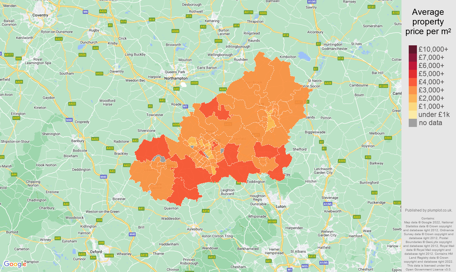 Milton Keynes house prices per square metre map