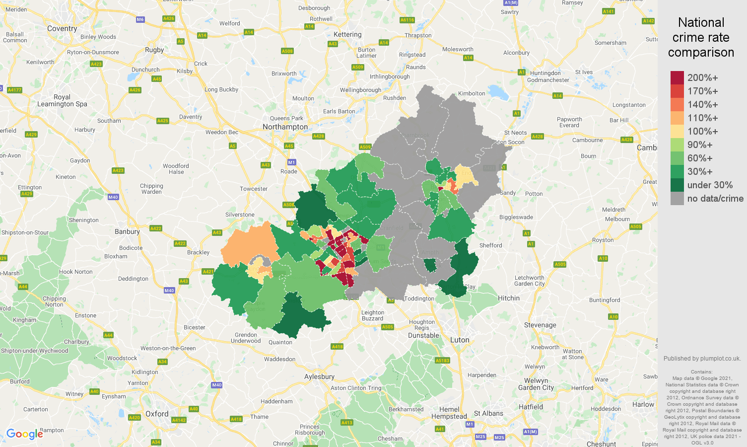 Milton Keynes theft from the person crime rate comparison map