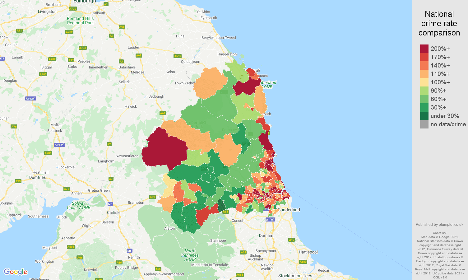 Newcastle upon Tyne antisocial behaviour crime rate comparison map