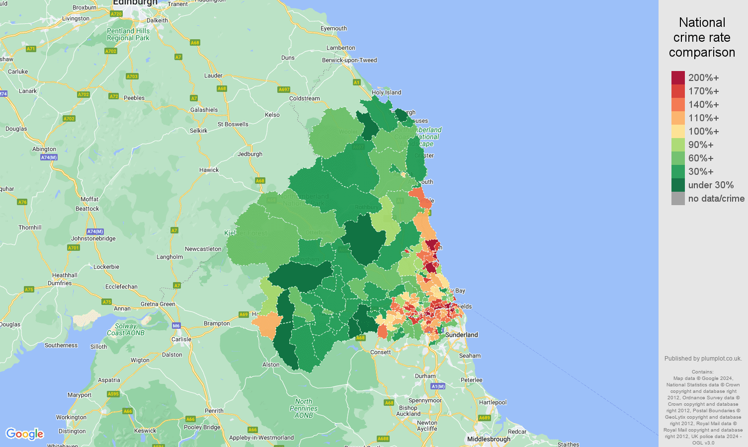 Newcastle upon Tyne crime rate comparison map