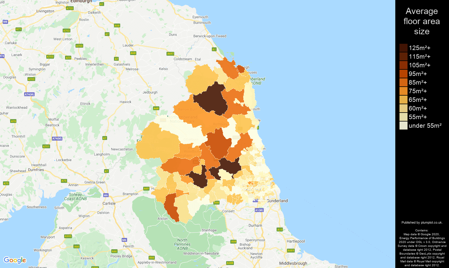 Newcastle upon Tyne map of average floor area size of flats