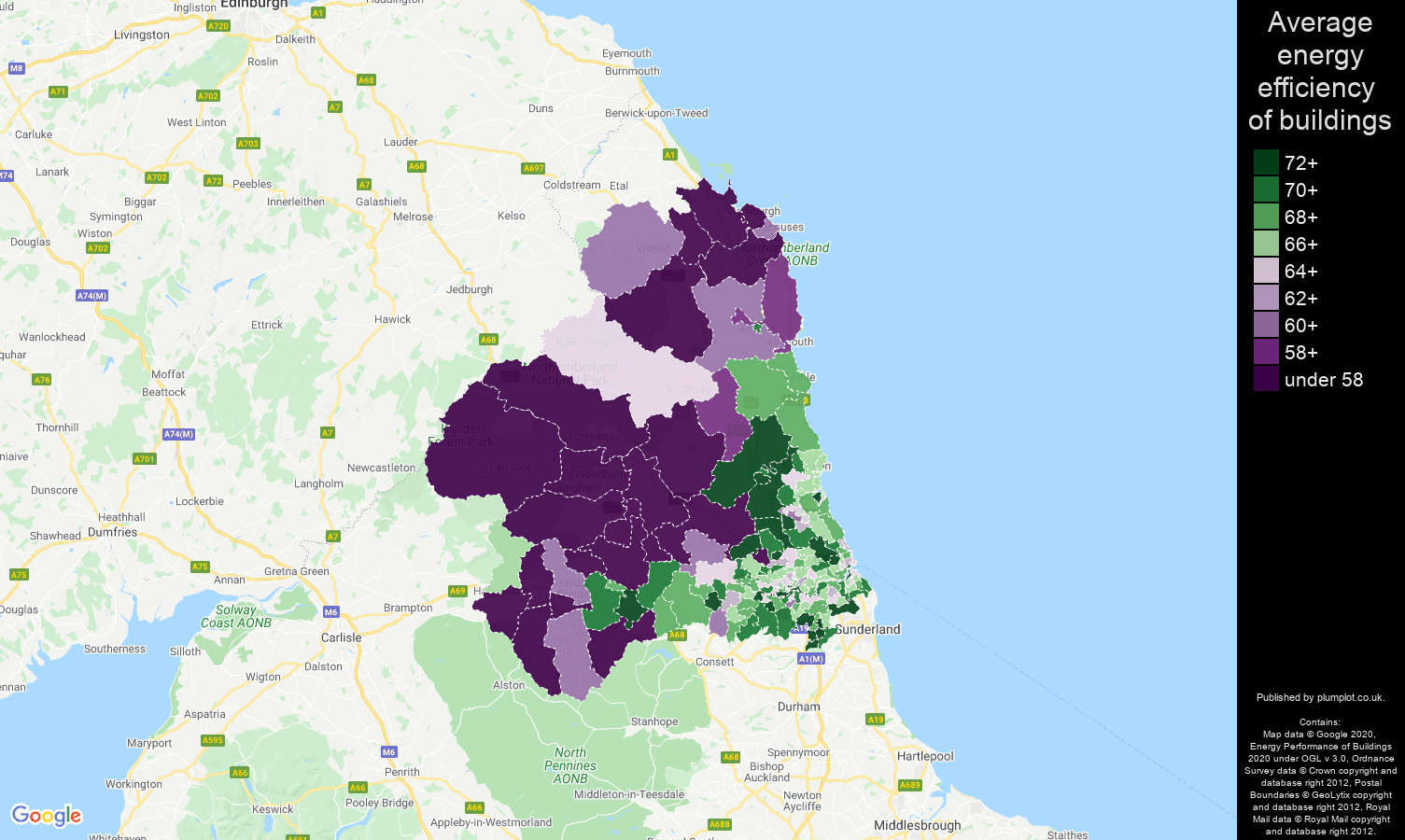 Newcastle upon Tyne map of energy efficiency of flats