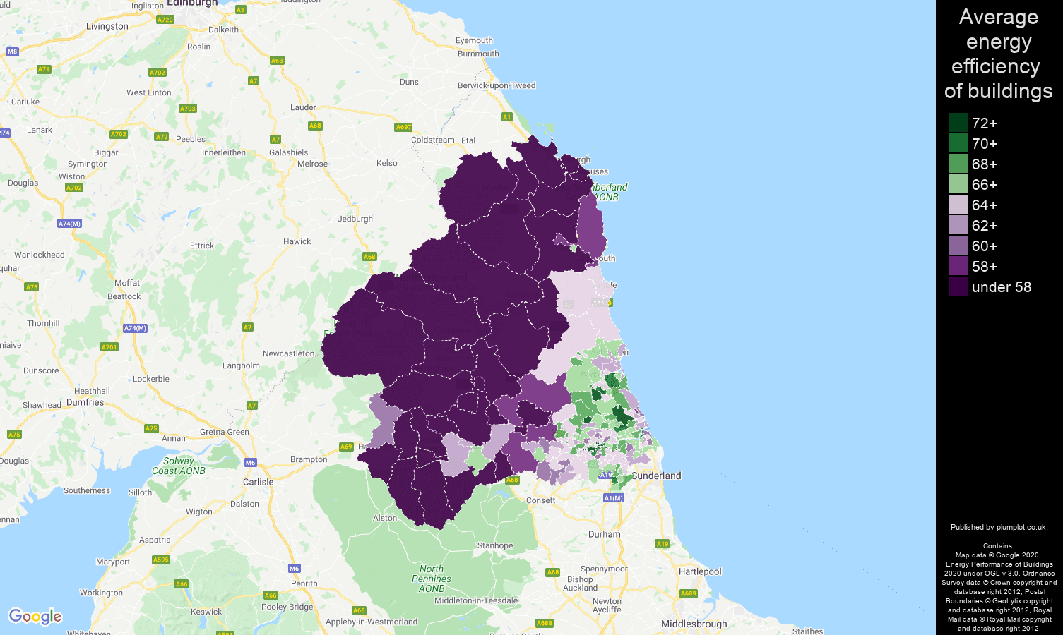 Newcastle upon Tyne map of energy efficiency of properties