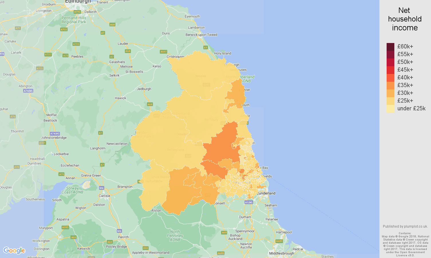 Newcastle upon Tyne net household income map