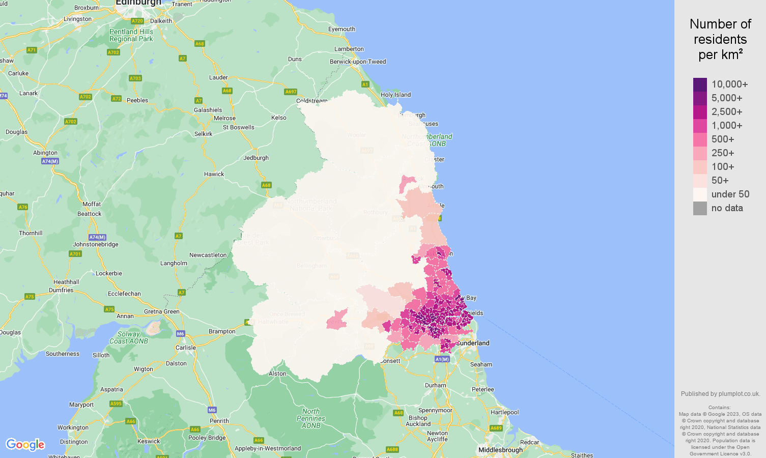 Newcastle upon Tyne population density map