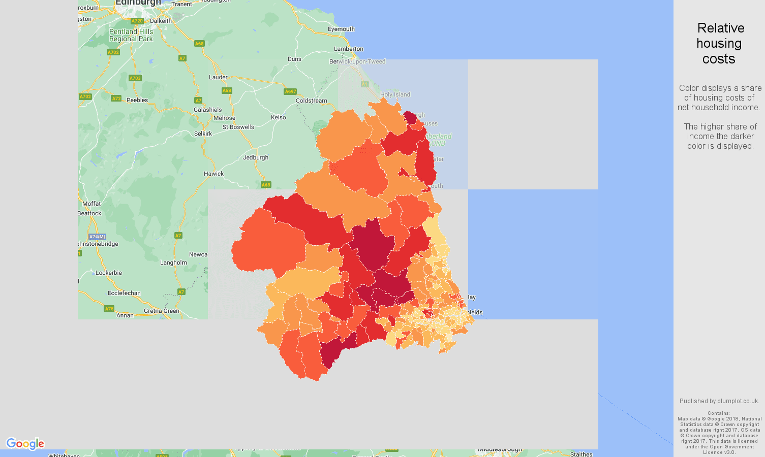 Newcastle upon Tyne relative housing costs map