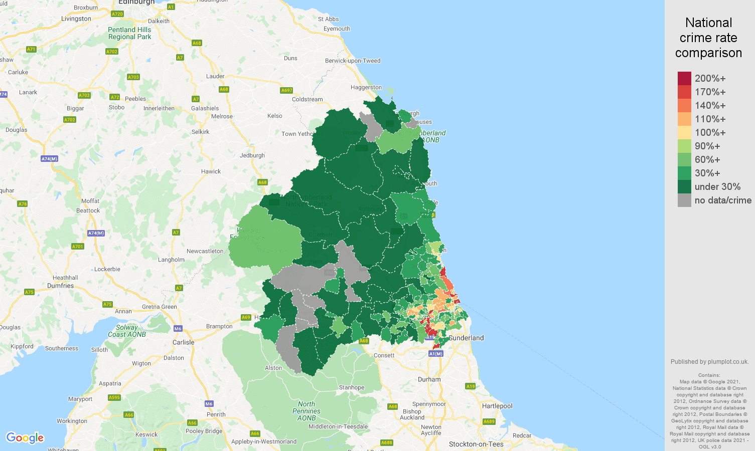 Newcastle upon Tyne vehicle crime rate comparison map