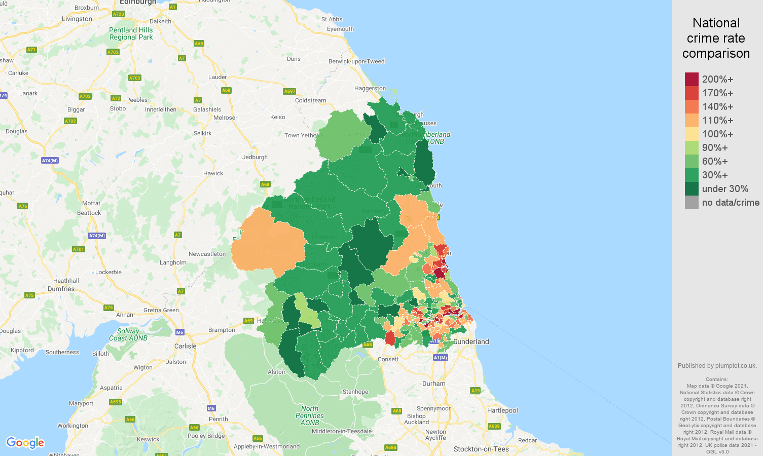 Newcastle upon Tyne violent crime rate comparison map